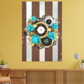 Stoomklok en turkooisrozen op gestreepte ondergron canvas afdruk (Insitu (Woonkamer))