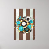 Stoomklok en turkooisrozen op gestreepte ondergron canvas afdruk (Voorkant)