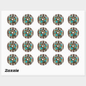 Stoomklok en turquoise rozen op gestreepte ondergr ronde sticker (Vel)