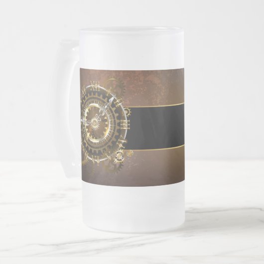 Stoomklok met antieke tandwielen matglas bierpul (Voorkant links)