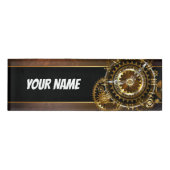 Stoomklok met antieke tandwielen naambadge (Voorkant)