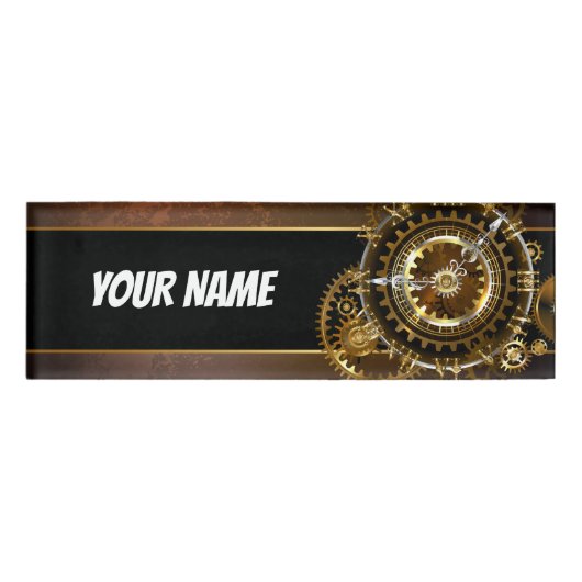 Stoomklok met antieke tandwielen naambadge (Voorkant)