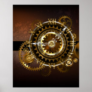 Stoomklok met antieke tandwielen poster