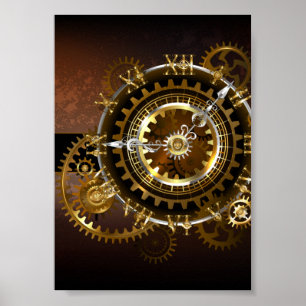 Stoomklok met antieke tandwielen poster