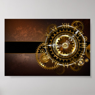 Stoomklok met antieke tandwielen poster