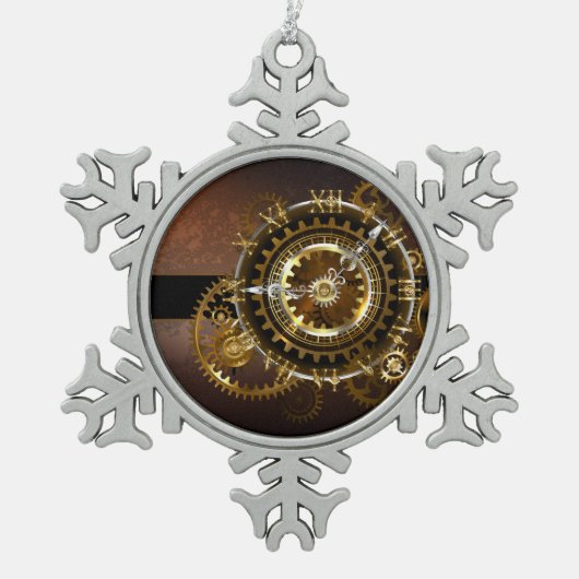 Stoomklok met antieke tandwielen tin sneeuwvlok ornament (Voorkant)