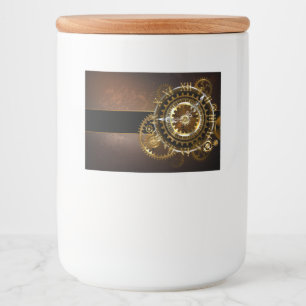 Stoomklok met antieke tandwielen voedselcontainer etiket