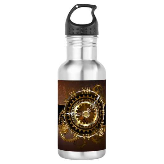 Stoomklok met antieke tandwielen waterfles  (Voorkant)