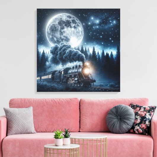 stoomlocomotief bij maanlicht canvas afdruk (Insitu (Woonkamer))
