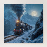 stoomlocomotief bij maanlicht legpuzzel<br><div class="desc">Een stoomlocomotief doorkruist een winterse bergachtige landschap onder een lichtgevende volle maan, met besneeuwde toppen en ruige kliffen omlijsten het tafereel</div>