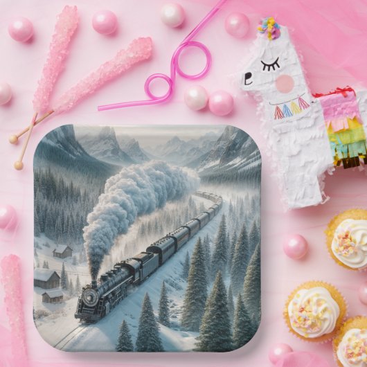  stoomlocomotief in Snowy Valley Papieren Bordje (Feest)