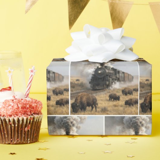 Stoomlocomotief met grazende buffels cadeaupapier (Verjaardagsfeest)