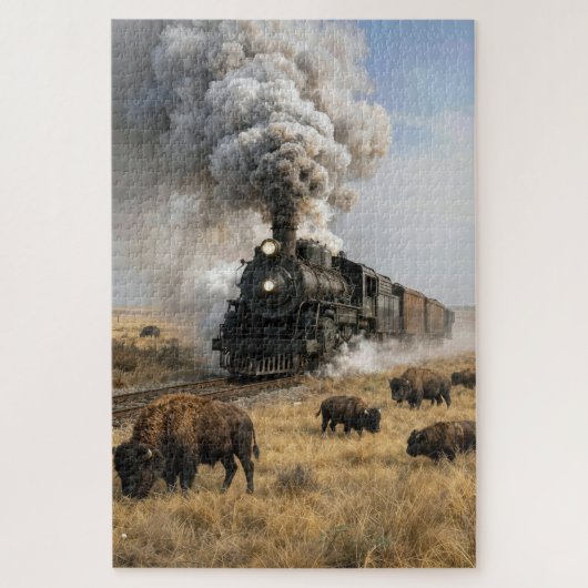Stoomlocomotief met grazende buffels legpuzzel (Verticaal)