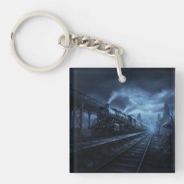 Stoomlocomotief op een donkere stormachtige nacht sleutelhanger