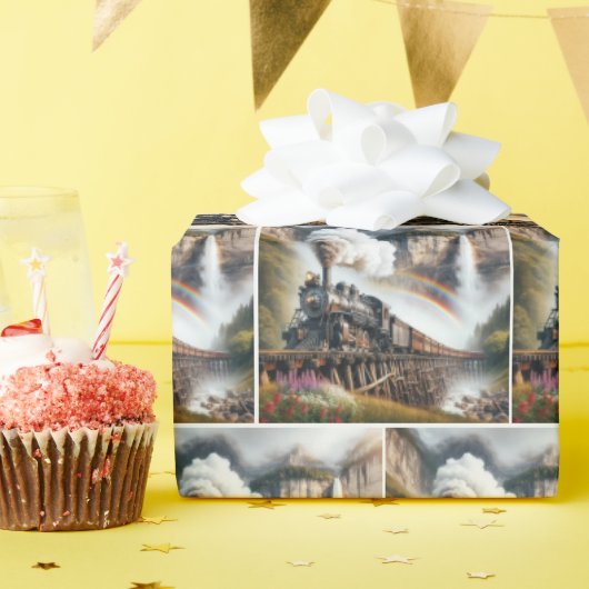 stoomlocomotief op een trestle cadeaupapier (Verjaardagsfeest)