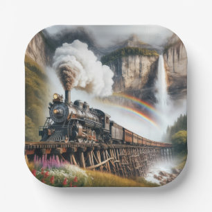 stoomlocomotief op een trestle papieren bordje