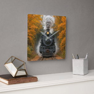 Stoomlocomotief Trein In Herfst Bos Vierkante Klok