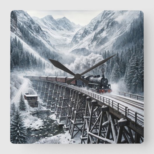 Stoomlocomotief trein op een berg Trestle Vierkante Klok (Voorkant)