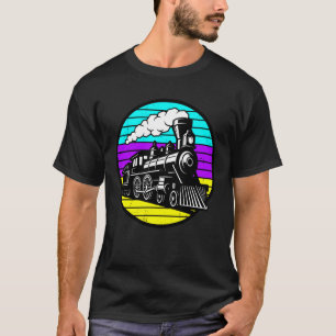 Stoomlocomotief Trein Retro 80s Synthwave Zonsonde T-shirt