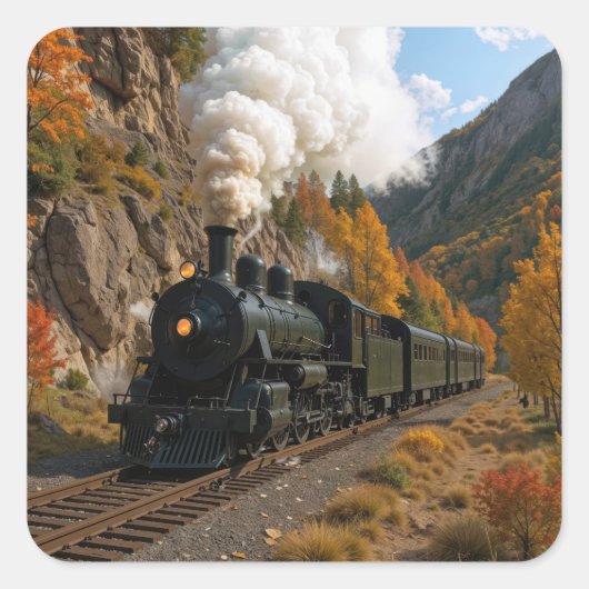  stoommachine in een herfstvallei vierkante sticker (Voorkant)
