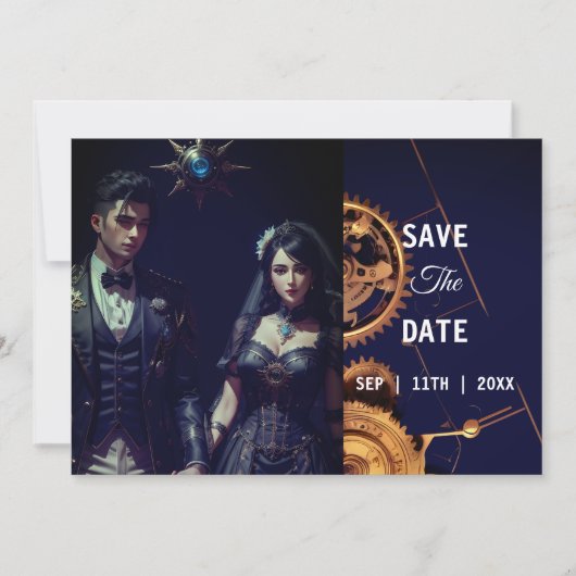 StoomPunk Extravaganza Vintage Klokwerk Bruiloft Save The Date (Voorkant)