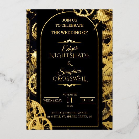 StoomPunk Extravaganza Vintage Klokwerk Huwelijk Folie Uitnodiging (Voorkant)