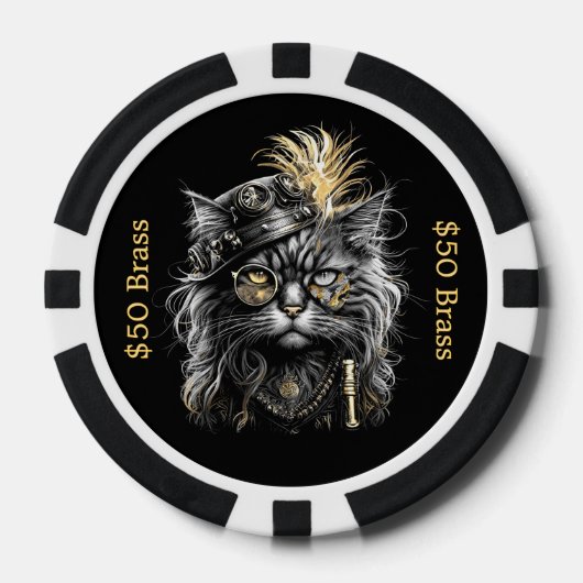 Stoompunk kat speelt met koperen pret poker chips (Voorkant)