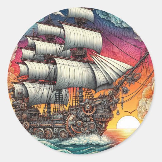 STOOMPUNK ZEILSCHIP ZONSONDERGANG RONDE STICKER (Voorkant)