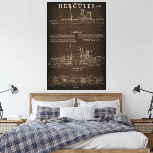 Stoomsleepboot HERCULES Blauwdruk 1907 Canvas Afdruk (Insitu (Slaapkamer))