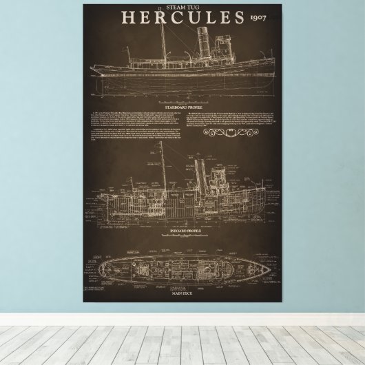 Stoomsleepboot HERCULES Blauwdruk 1907 Canvas Afdruk (Insitu (Houten vloer))