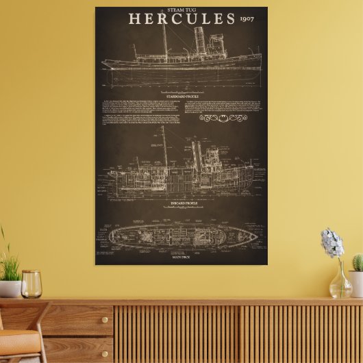 Stoomsleepboot HERCULES Blauwdruk 1907 Canvas Afdruk (Insitu (Woonkamer))
