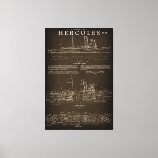 Stoomsleepboot HERCULES Blauwdruk 1907 Canvas Afdruk (Voorkant)