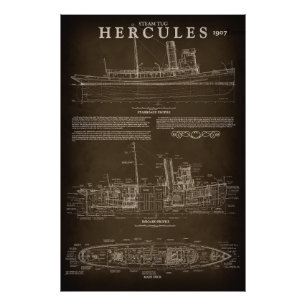 Stoomsleepboot HERCULES Blauwdruk 1907 Foto Afdruk
