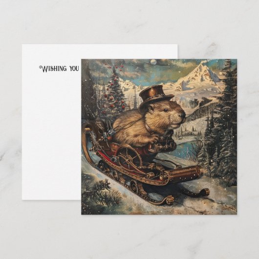 Stoomstijl Bever Slede Kerstkaart (Voorkant / Achterkant)