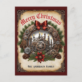 Stoomstijl Groene Kaarsen Krans Tandwielen Kerstmi Feestdagenkaart