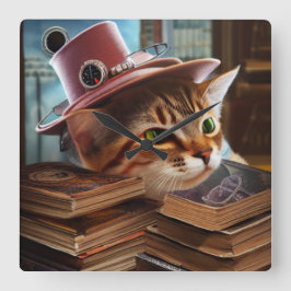 Stoomstijl kat met boeken Wandklok