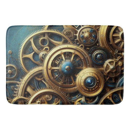Stoomstijl Klokwerk Goud en Turquoise Badmat (Voorkant)