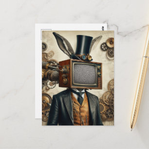 Stoomstijl Konijn Man Met Een TV Hoofd Statisch Briefkaart