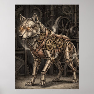 Stoomstijl mechanische wolf messing tandwielen Vic Poster