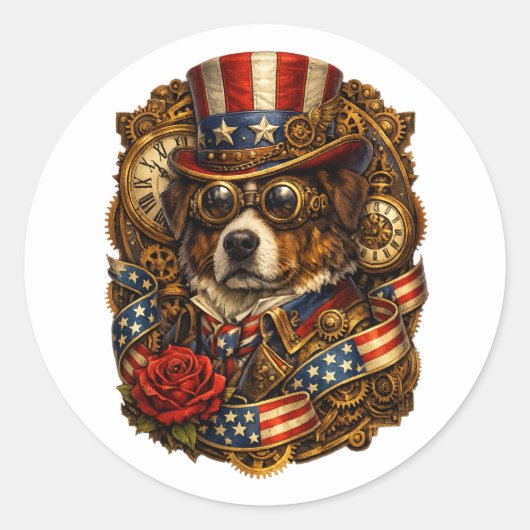 Stoomstijl Patriottische Hond Ronde Sticker (Voorkant)