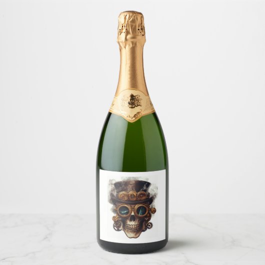 Stoomstijl Schedelmotor Sparkling Wijnetiket (Voorkant)