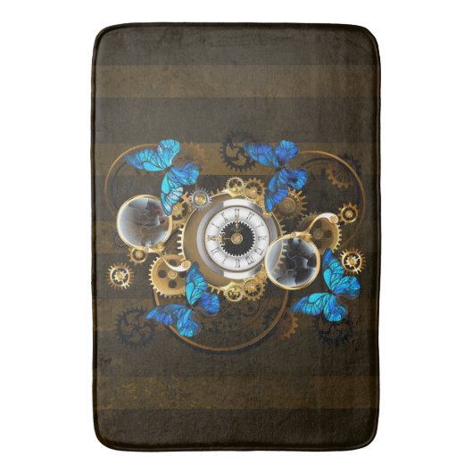 Stoomstijl tandwielen en blauwe vlinders badmat (Voorkant Verticaal)