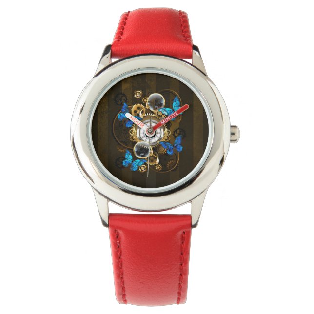 Stoomstijl tandwielen en blauwe vlinders horloge (Voorkant)