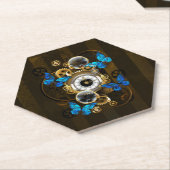 Stoomstijl tandwielen en blauwe vlinders kartonnen onderzetters (Schuin)