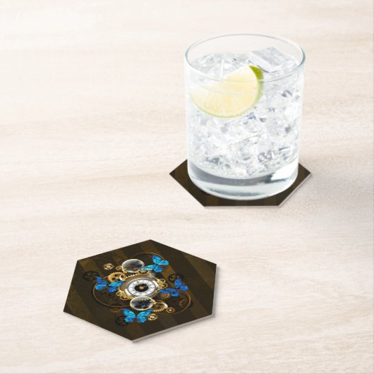 Stoomstijl tandwielen en blauwe vlinders kartonnen onderzetters (Insitu)