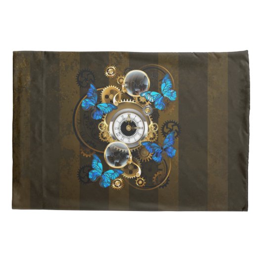 Stoomstijl tandwielen en blauwe vlinders kussensloop (Achterkant-Links)