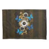 Stoomstijl tandwielen en blauwe vlinders kussensloop (Voorkant-Links)