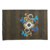 Stoomstijl tandwielen en blauwe vlinders kussensloop (Voorkant-Rechts)