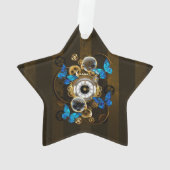 Stoomstijl tandwielen en blauwe vlinders ornament (achterkant)