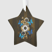 Stoomstijl tandwielen en blauwe vlinders ornament (voorkant)